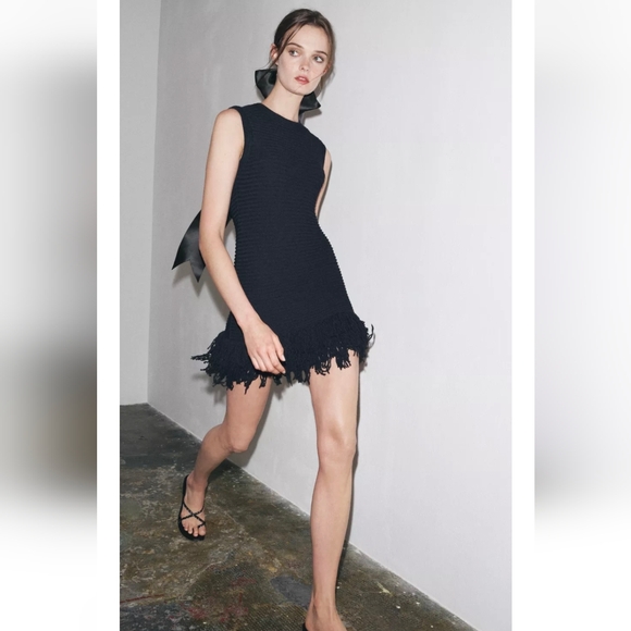 ZARA FRINGED CHECKERED KNIT DRESS - Picture 2 of 9